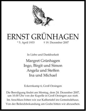 Traueranzeige von Ernst Grünhagen von ALLGEMEINE ZEITUNG UELZEN