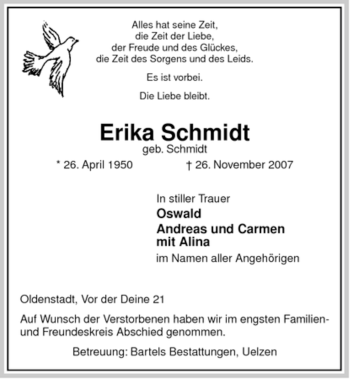 Traueranzeige von Erika Schmidt von ALLGEMEINE ZEITUNG UELZEN