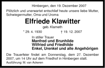 Traueranzeige von Elfriede Klawitter von ALLGEMEINE ZEITUNG UELZEN