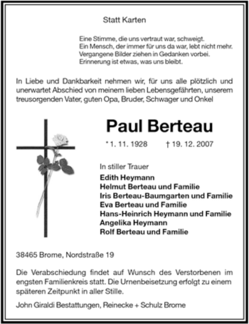 Traueranzeige von Paul Berteau von ALLGEMEINE ZEITUNG UELZEN