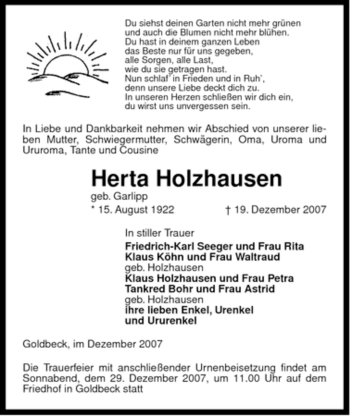 Traueranzeige von Herta Holzhausen von ALLGEMEINE ZEITUNG UELZEN