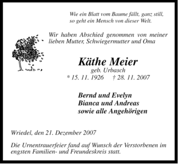 Traueranzeige von Käthe Meier von ALLGEMEINE ZEITUNG UELZEN
