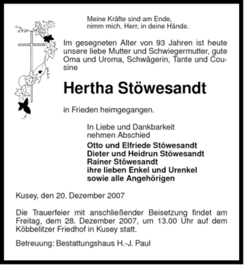 Traueranzeige von Hertha Stöwesandt von ALLGEMEINE ZEITUNG UELZEN
