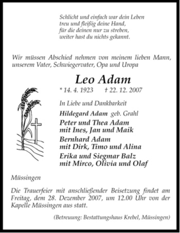 Traueranzeige von Leo Adam von ALLGEMEINE ZEITUNG UELZEN