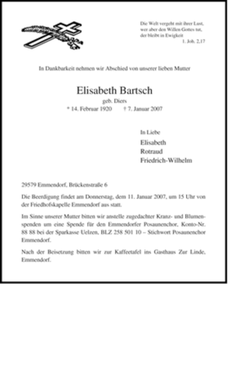 Traueranzeige von Elisabeth Bartsch von ALLGEMEINE ZEITUNG UELZEN