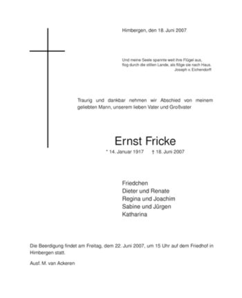 Traueranzeige von Ernst Fricke von ALLGEMEINE ZEITUNG UELZEN