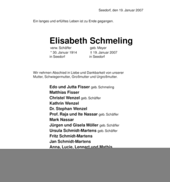 Traueranzeige von Elisabeth Schmeling von ALLGEMEINE ZEITUNG UELZEN