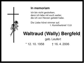 Traueranzeige von Bergfeld, Waltraud von ALLGEMEINE ZEITUNG UELZEN