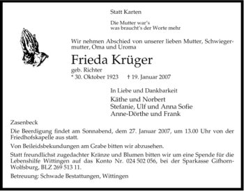 Traueranzeige von Frieda Krüger von ALLGEMEINE ZEITUNG UELZEN