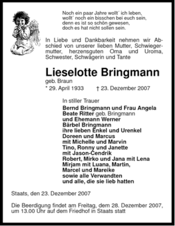 Traueranzeige von Lieselotte Bringmann von ALLGEMEINE ZEITUNG UELZEN