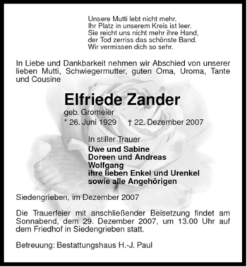 Traueranzeige von Elfriede Zander von ALLGEMEINE ZEITUNG UELZEN