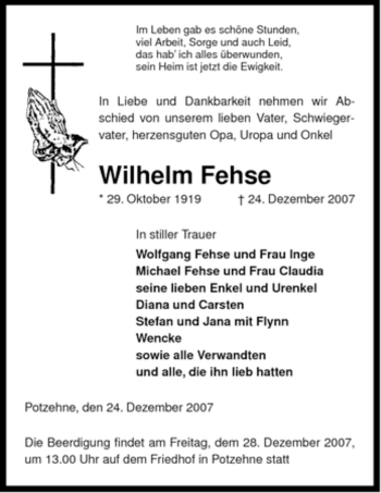 Traueranzeige von Wihelm Fehse von ALLGEMEINE ZEITUNG UELZEN