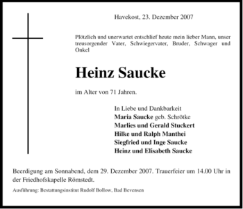 Traueranzeige von Heinz Saucke von ALLGEMEINE ZEITUNG UELZEN