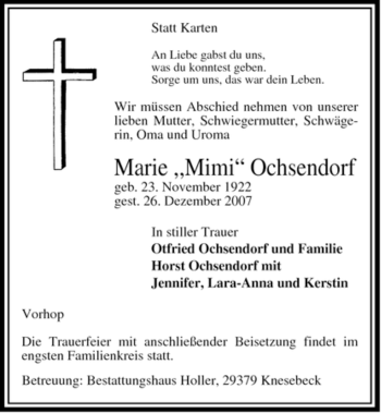 Traueranzeige von Marie Ochsendorf von ALLGEMEINE ZEITUNG UELZEN