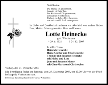 Traueranzeige von Lotte Heinecke von ALLGEMEINE ZEITUNG UELZEN