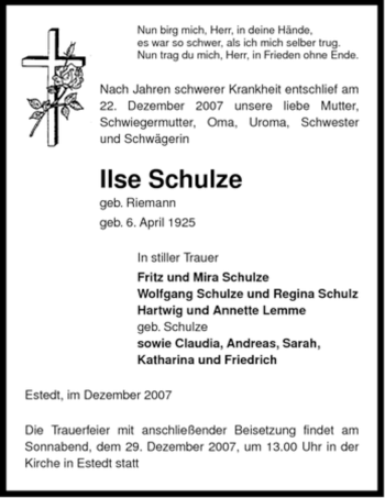 Traueranzeige von Ilse Schulze von ALLGEMEINE ZEITUNG UELZEN