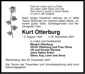 Traueranzeige von Kurt Otterburg von ALLGEMEINE ZEITUNG UELZEN