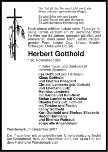 Traueranzeige von Herbert Gotthold von ALLGEMEINE ZEITUNG UELZEN