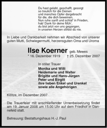 Traueranzeige von Ilse Koerner von ALLGEMEINE ZEITUNG UELZEN