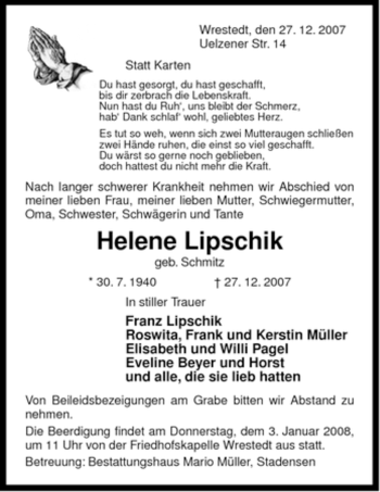 Traueranzeige von Helene Lipschek von ALLGEMEINE ZEITUNG UELZEN