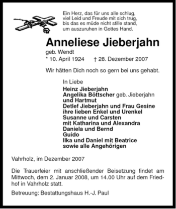 Traueranzeige von Anneliese Jieberjahn von ALLGEMEINE ZEITUNG UELZEN