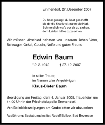 Traueranzeige von Edwin Baum von ALLGEMEINE ZEITUNG UELZEN