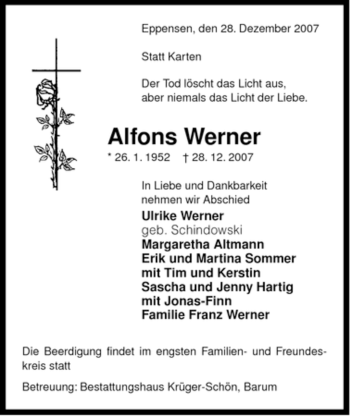 Traueranzeige von Alfons Werner von ALLGEMEINE ZEITUNG UELZEN