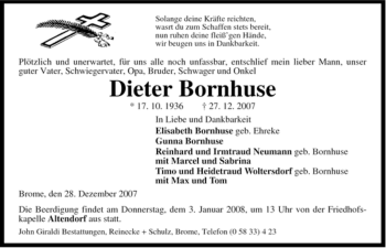 Traueranzeige von Dieter Bornhuse von ALLGEMEINE ZEITUNG UELZEN