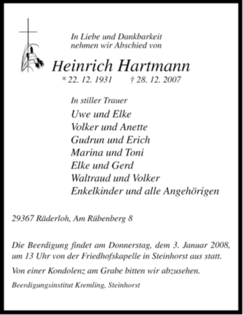 Traueranzeige von Heinrich Hartmann von ALLGEMEINE ZEITUNG UELZEN