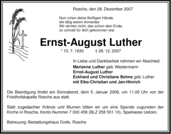 Traueranzeige von Ernst-August Luther von ALLGEMEINE ZEITUNG UELZEN