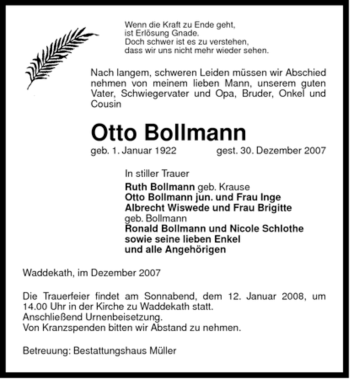 Traueranzeige von Otto Bollmann von ALLGEMEINE ZEITUNG UELZEN