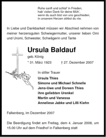 Traueranzeige von Ursula Baldauf von ALLGEMEINE ZEITUNG UELZEN