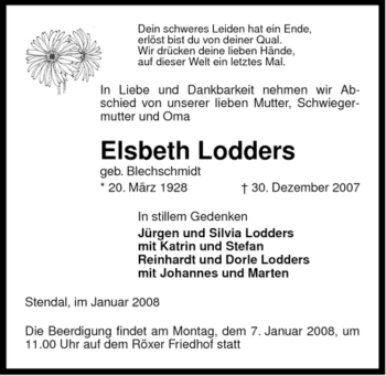 Traueranzeige von Elsbeth Lodders von ALLGEMEINE ZEITUNG UELZEN