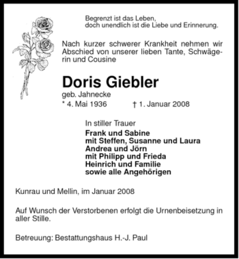 Traueranzeige von Doris Giebler von ALLGEMEINE ZEITUNG UELZEN