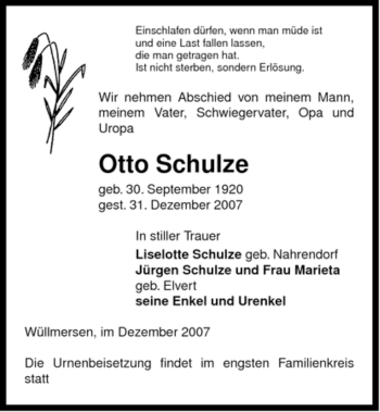 Traueranzeige von Otto Schulze von ALLGEMEINE ZEITUNG UELZEN