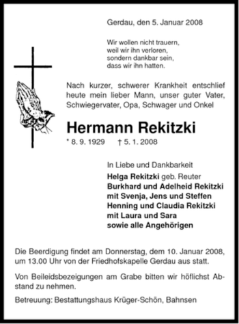 Traueranzeige von Hermann Rekitzki von ALLGEMEINE ZEITUNG UELZEN