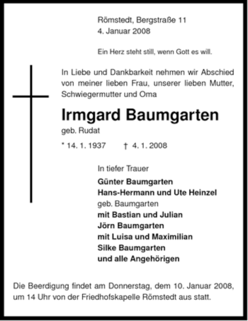 Traueranzeige von Irmgard Baumgarten von ALLGEMEINE ZEITUNG UELZEN