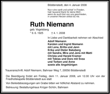 Traueranzeige von Ruth Niemann von ALLGEMEINE ZEITUNG UELZEN