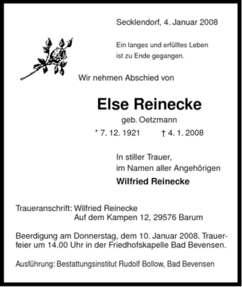 Traueranzeige von Else Reinecke von ALLGEMEINE ZEITUNG UELZEN