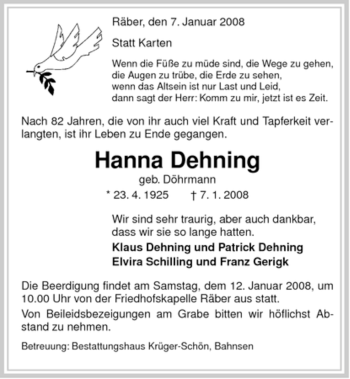 Traueranzeige von Hanna Dehning von ALLGEMEINE ZEITUNG UELZEN