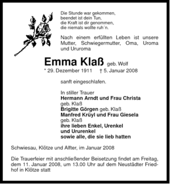 Traueranzeige von Emma Klaß von ALLGEMEINE ZEITUNG UELZEN