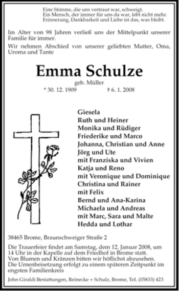 Traueranzeige von Emma Schulze von ALLGEMEINE ZEITUNG UELZEN