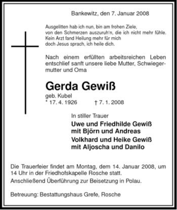 Traueranzeige von Gerda Gewiß von ALLGEMEINE ZEITUNG UELZEN