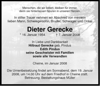 Traueranzeige von Dieter Gerecke von ALLGEMEINE ZEITUNG UELZEN