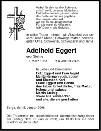 Traueranzeige von Adelheid Eggert von ALLGEMEINE ZEITUNG UELZEN