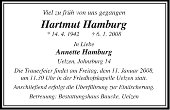 Traueranzeige von Hartmut Hamburg von ALLGEMEINE ZEITUNG UELZEN