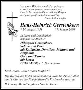 Traueranzeige von Hans-Heinrich Gerstenkorn von ALLGEMEINE ZEITUNG UELZEN