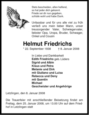 Traueranzeige von Helmut Friedrichs von ALLGEMEINE ZEITUNG UELZEN