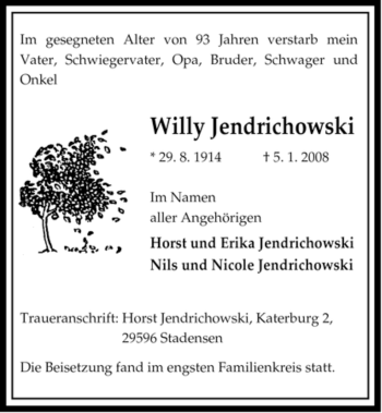 Traueranzeige von Willy Jendrichowski von ALLGEMEINE ZEITUNG UELZEN