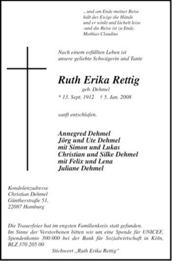 Traueranzeige von Ruth Erika von ALLGEMEINE ZEITUNG UELZEN